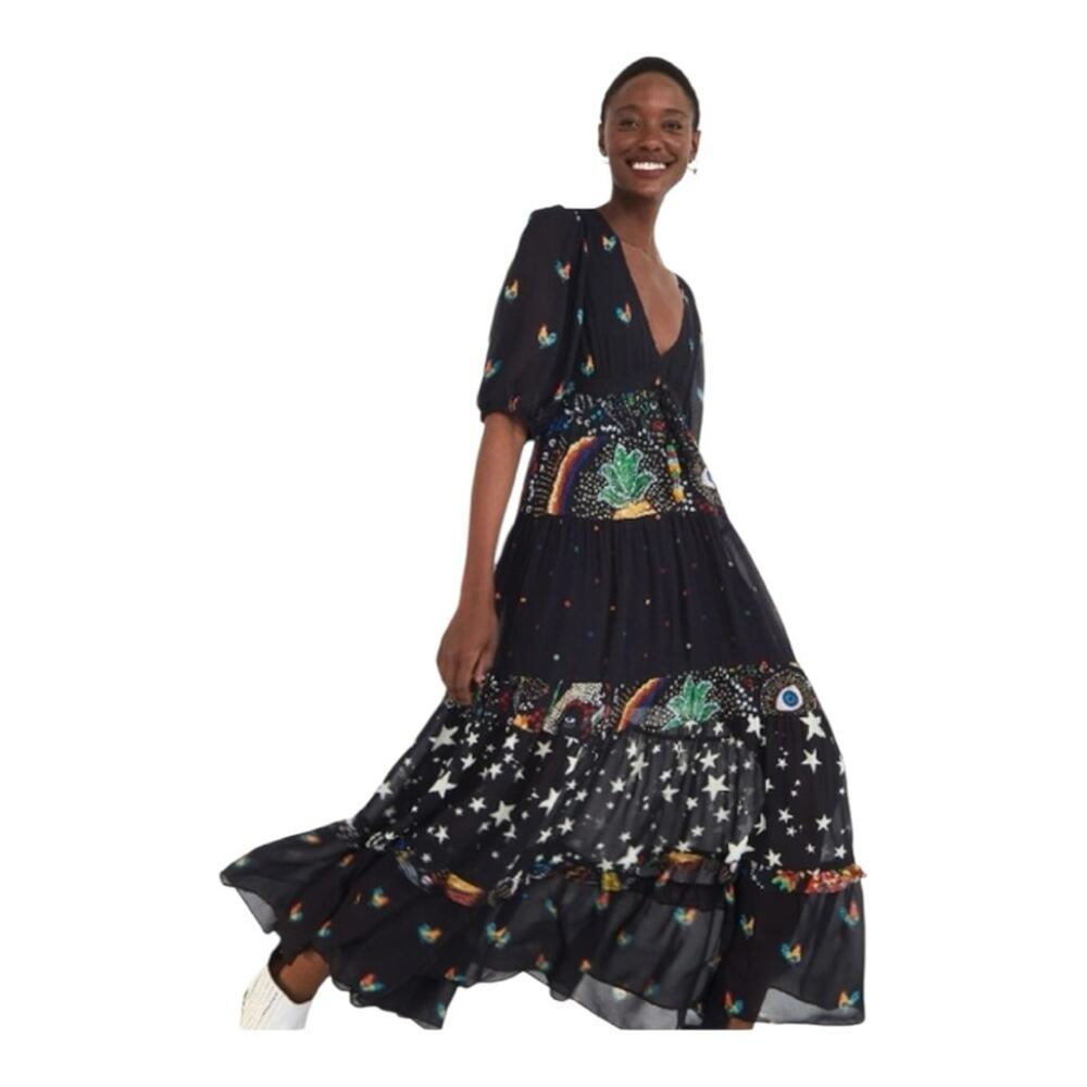 Farm Rio size small mixed stardust maxi dress Celestial Black chickens tiered